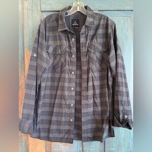PRANA organic cotton, Large long sleeved plaid taupe & gray mens shirt very good